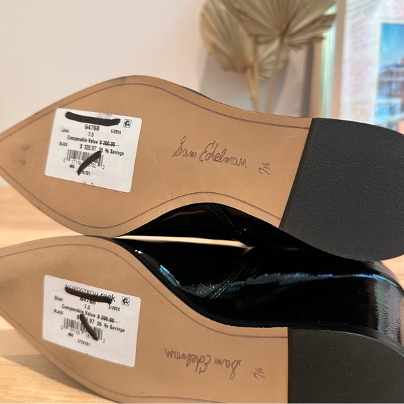 NEW Sam Edelman Black Patent Leather “Weslie” Heeled Boots Gold Buckle 7.5 - Picture 6 of 7